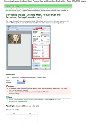 Page 521Advanced Guide > Scanning > Scanning with Other Application Software > Correcting Images and Adjusting Colors with
ScanGear (Scanner Driver) > Correcting Images (Unsharp Mask, Reduce Dust and Scratches, Fading Correction, etc.)
Correcting Images (Unsharp Mask, Reduce Dust and
Scratches, Fading Correction, etc.)
The Image Settings functions in Advanced Mode of ScanGear (scanner driver) allow you to enhance the
outline of the subjects, reduce dust/scratches and correct faded colors when scanning images....