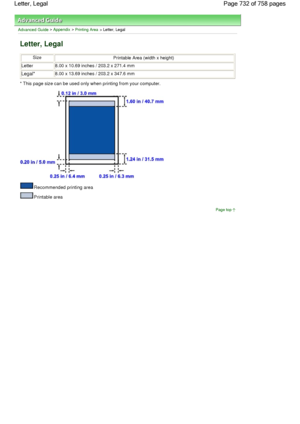 Page 732Advanced Guide > Appendix > Printing Area > Letter, Legal
Letter, Legal
SizePrintable Area (width x height)
Letter8.00 x 10.69 inches / 203.2 x 271.4 mm
Legal*8.00 x 13.69 inches / 203.2 x 347.6 mm
* This page size can be used only when printing from your computer.
Recommended printing area
Printable area
Page top
Page 732 of 758 pages Letter, Legal
 