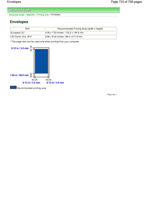 Page 733Advanced Guide > Appendix > Printing Area > Envelopes
Envelopes
SizeRecommended Printing Area (width x height)
European DL*4.06 x 7.50 inches / 103.2 x 190.5 mm
US Comm. Env. #10*3.86 x 8.34 inches / 98.0 x 211.8 mm
* This page size can be used only when printing from your computer.
Recommended printing area
Page top
Page 733 of 758 pages Envelopes
 