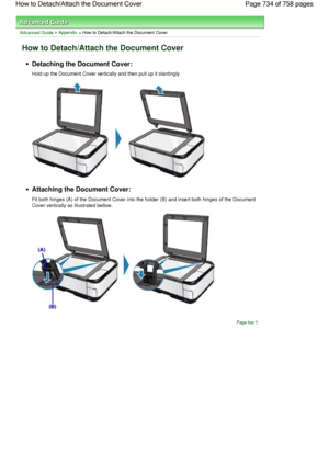 Page 734Advanced Guide > Appendix > How to Detach/Attach the Document Cover
How to Detach/Attach the Document Cover
Detaching the Document Cover:
Hold up the Document Cover vertically and then pull up it slantingly.
Attaching the Document Cover:
Fit both hinges (A) of the Document Cover into the holder (B) and insert both hinges of the Document
Cover vertically as illustrated bellow.
Page top
Page 734 of 758 pages How to Detach/Attach the Document Cover
 