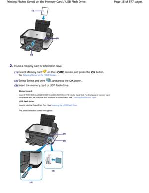 Page 152.Insert a memory card or USB flash drive.
(1) Select Memory card on the HOME screen, and press the OK button.
See 
Selecting Menus on the HOME Screen.
(2) Select Select and print , and press the  OK button.
(3) Insert the memory card or USB flash drive.
Memory card:
Insert it W ITH THE LABELED SIDE FACING TO THE LEFT i nto the Card Slot. For the types of memory card
compatible with the machine and locations to insert them, see Inserting the Memory Card.
USB flash drive:
Insert it into the Direct Print...