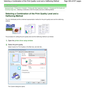 Page 300Advanced Guide > Printing from a Computer > Printing with Other Application Software > Changing the Print Quality and
Correcting Image Data
 > Selecting a Combination of the Print Quality Level  and a Halftoning Method 
Selecting a Combination of the Print Quality Level  and a
Halftoning Method 
You can individually set the combined representatio n method for the print quality level and the halftoning
method. 
The procedure for setting the print quality level a nd the halftoning method is as follows:...