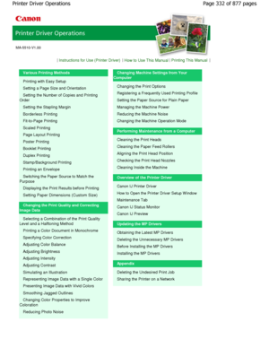 Page 332MA-5510-V1.00
| Instructions for Use (Printer Driver) | How to Use This Manual | Printing This Manual |
Various Printing Methods
Printing with Easy Setup 
Setting a Page Size and Orientation 
Setting the Number of Copies and Printing
Order
Setting the Stapling Margin
Borderless Printing
Fit-to-Page Printing
Scaled Printing
Page Layout Printing
Poster Printing 
Booklet Printing 
Duplex Printing 
Stamp/Background Printing 
Printing an Envelope 
Switching the Paper Source to Match the
Purpose
Displaying the...