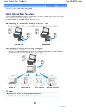 Page 42Advanced GuideTroubleshooting
Contents > Scanning > Using Various Scan Functions
Using Various Scan Functions 
You can forward the data scanned with the machine to a computer, and also save them on a USB flash
drive or memory card inserted into the machine. 
For details, refer to the on-screen manual: 
Advanced Guide.
 Selecting a Device to Save the Scanned Data
You can select the device to save scanned data as processing m ethod as shown below.
USB flash drive Memory card 
 Selecting Various Processing...