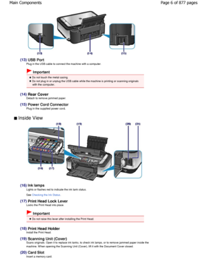 Page 6(13) USB Port
Plug in the USB cable to connect the machine with a comp uter.
 Important
 Do not touch the metal casing.
 Do not plug in or unplug the USB cable while the machine is printing or scanning originals
with the computer.
(14) Rear Cover
Detach to remove jammed paper.
(15) 
Power Cord Connector
Plug in the supplied power cord.
 Inside View 
(16) Ink lamps
Lights or flashes red to indicate the ink tank status. 
See 
Checking the Ink Status.
(17)  Print Head Lock Lever
Locks the Print Head into...