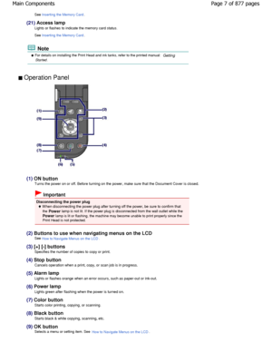Page 7See Inserting the Memory Card.
(21) Access lamp
Lights or flashes to indicate the memory card statu s.
See 
Inserting the Memory Card.
 Note
 For details on installing the Print Head and ink tanks,  refer to the printed manual: GettingStarted.
 Operation Panel 
(1) 
ON button
Turns the power on or off. Before turning on the pow er, make sure that the Document Cover is closed.
 Important
Disconnecting the power plug
 W hen disconnecting the power plug after turning off t he power, be sure to confirm that...