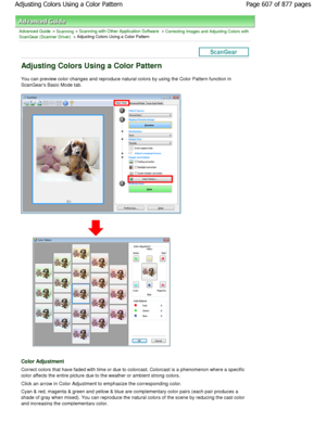 Page 607Advanced Guide > Scanning > Scanning with Other Application Software > Correcting Images and Adjusting Colors with
ScanGear (Scanner Driver) > Adjusting Colors Using a Color Pattern
Adjusting Colors Using a Color Pattern
You can preview color changes and reproduce natural  colors by using the Color Pattern function in
ScanGears Basic Mode tab.
Color Adjustment
Correct colors that have faded with time or due to  colorcast. Colorcast is a phenomenon where a specif ic
color affects the entire picture due to...