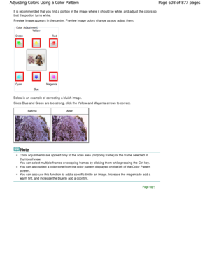 Page 608It is recommended that you find a portion in the image where it should be white, and adjust the colors so
that the portion turns white. 
Preview image appears in the center. Preview image  colors change as you adjust them.
Below is an example of correcting a bluish image. 
Since Blue and Green are too strong, click the Yellow and Magenta arrows to correct.
BeforeAfter
Note
Color adjustments are applied only to the scan area (cro pping frame) or the frame selected in
thumbnail view. 
You can select...