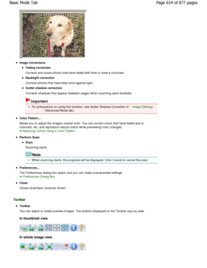 Page 624Image corrections
Fading correction 
Corrects and scans photos that have faded with time or have a colorcast.
Backlight correction 
Corrects photos that have been shot against light.
Gutter shadow correction
Corrects shadows that appear between pages when sca nning open booklets.
Important
For precautions on using this function, see Gutter Shadow Correction in Image Settings
 (Advanced Mode tab).
Color Pattern... 
Allows you to adjust the images overall color. You  can correct colors that have faded due...
