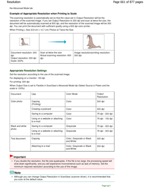 Page 661the Advanced Mode tab. 
Example of Appropriate Resolution when Printing to Scale
The scanning resolution is automatically set so that the v alue set in Output Resolution will be the
resolution of the scanned image. If you set Output  Resolution to 300 dpi and scan at twice the size, the
document will be automatically scanned at 600 dpi, and  the resolution of the scanned image will be 300
dpi. You can print the document with sufficient qua lity using a 600 dpi color printer.
W hen Printing L Size (8.9 cm...