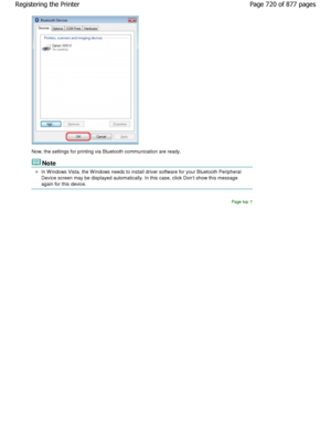 Page 720Now, the settings for printing via Bluetooth communication are ready.
Note
In W indows Vista, the W indows needs to install driv er software for your Bluetooth Peripheral
Device screen may be displayed automatically. In this case,  click Dont show this message
again for this device.
Page top
Page 720 of 877 pages
Registering the Printer
JownloadedtfromtManualsPrinterFcomtManuals  