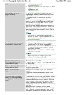 Page 766U150Install an appropriate ink tank.
Routine Maintenance
An ink tank error has occurred. (The lamp on the ink tank
is off.) 
Replace the ink tank.
Routine Maintenance
The following ink has run out. 
Replace the ink tank.
U163
Ink has run out. (The lamp on the ink tank flashes. )
Replace the ink tank and close the Scanning Unit (C over).
Routine Maintenance
Printing under the current condition may damage the
machine.
If you want to continue printing in this condition, you need to
release the function for...