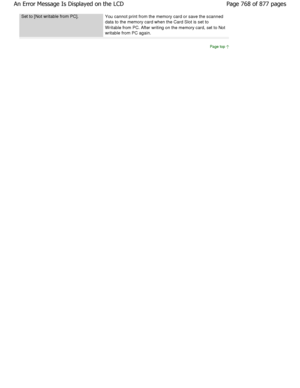 Page 768Set to [Not writable from PC].You cannot print from the memory card or save the scanned
data to the memory card when the Card Slot is set t o
W ritable from PC. After writing on the memory card,  set to Not
writable from PC again.
Page top
Page 768 of 877 pages
An Error Message Is Displayed on the LCD
JownloadedtfromtManualsPrinterFcomtManuals 