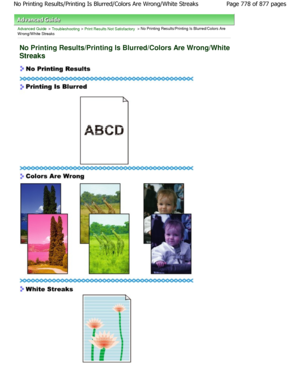 Page 778Advanced Guide > Troubleshooting > Print Results Not Satisfactory > No Printing Results/Printing Is Blurred/Colors Are
W rong/W hite Streaks
No Printing Results/Printing Is Blurred/Colors Are  Wrong/White
Streaks
Page 778 of 877 pages
No Printing Results/Printing Is Blurred/Colors Are  Wrong/White Streaks
JownloadedtfromtManualsPrinterFcomtManuals   