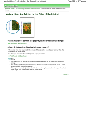 Page 788Advanced Guide > Troubleshooting > Print Results Not Satisfactory > Vertical Lines Are Printed on the Sides of the
Printout
Vertical Lines Are Printed on the Sides of the Prin tout
Check 1: Did you confirm the paper type and print quality settings?
Print Results Not Satisfactory
Check 2: Is the size of the loaded paper correct? 
The vertical lines may be printed in the margin if the size of the loaded paper is larger than that
specified in the printer driver. 
Set the paper size correctly according to...