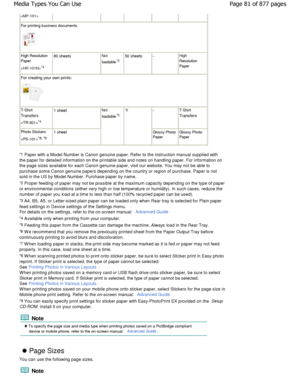 Page 81
For printing business documents:
High Resolution 
Paper
*4
80 sheetsNot
loadable*5
50 sheets-High 
Resolution 
Paper
For creating your own prints:
T-Shirt 
Transfers 

*41 sheetNot
loadable*5
*6-T-Shirt 
Transfers
Photo Stickers 

*8, *91 sheetGlossy Photo 
PaperGlossy Photo 
Paper
*1  Paper with a Model Number is Canon genuine paper. R efer to the instruction manual supplied with
the paper for detailed information on the printable  side and notes on handling paper. For information on
the page sizes...
