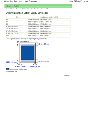 Page 848Advanced Guide > Appendix > Printing Area > Other Sizes than Letter, Legal, Envelopes
Other Sizes than Letter, Legal, Envelopes
SizePrintable Area (width x height)
A55.56 x 7.95 inches / 141.2 x 202.0 mm
A48.00 x 11.38 inches / 203.2 x 289.0 mm
B56.90 x 9.80 inches / 175.2 x 249.0 mm
4 x 6 / 10 x 15 cm3.73 x 5.69 inches / 94.8 x 144.4 mm
4 x 8 / 10 x 20 cm*3.73 x 7.69 inches / 94.8 x 195.2 mm
5 x 7 / 13 x 18 cm4.73 x 6.69 inches / 120.2 x 169.8 mm
8 x 10 / 20 x 25 cm7.73 x 9.69 inches / 196.4 x 246.0 mm...