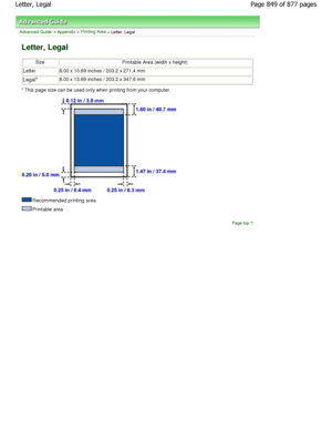 Page 849Advanced Guide > Appendix > Printing Area > Letter, Legal
Letter, Legal
SizePrintable Area (width x height)
Letter8.00 x 10.69 inches / 203.2 x 271.4 mm
Legal*8.00 x 13.69 inches / 203.2 x 347.6 mm
* This page size can be used only when printing fro m your computer.
Recommended printing area
Printable area
Page top
Page 849 of 877 pages
Letter, Legal
JownloadedtfromtManualsPrinterFcomtManuals   