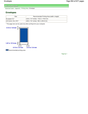 Page 850Advanced Guide > Appendix > Printing Area > Envelopes
Envelopes
SizeRecommended Printing Area (width x height)
European DL*4.06 x 7.07 inches / 103.2 x 179.6 mm
US Comm. Env. #10*3.86 x 7.91 inches / 98.0 x 200.9 mm
* This page size can be used only when printing fro m your computer.
Recommended printing area
Page top
Page 850 of 877 pages
Envelopes
JownloadedtfromtManualsPrinterFcomtManuals   