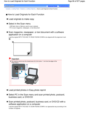 Page 86Advanced GuideTroubleshooting
Contents > Loading Paper / Originals > Loading Originals >  How to Load Originals for Each Function
 How to Load Originals for Each Function 
 Load originals to make copy
 Select in the Scan menu- USB flash drive or Memory card to scan originals 
- PC to scan magazine, newspaper, or text document
 Scan magazine, newspaper, or text document with a softw are
application on a computer 
Load the original W ITH THE SIDE TO READ FACING DOW N  to be aligned with the alignment mark...