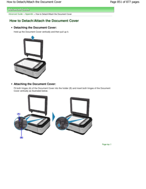 Page 851Advanced Guide > Appendix > How to Detach/Attach the Document Cover
How to Detach/Attach the Document Cover
Detaching the Document Cover: 
Hold up the Document Cover vertically and then pull up it.
Attaching the Document Cover: 
Fit both hinges (A) of the Document Cover into the holder (B) and insert both hinges of the Document
Cover vertically as illustrated below.
Page top
Page 851 of 877 pages
How to Detach/Attach the Document Cover
JownloadedtfromtManualsPrinterFcomtManuals    