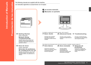 Page 53

Presentación de los manuales
                           
( e s t e   m a n u a l )
 G u í a   d e   i n i c i o  
Describe las operaciones básicas y los soportes y ofrece una introducción a otras funciones disponibles.
 G u í a   b á s i c a  
Describe distintos procedimientos de funcionamiento para aprovechar al máximo todas las funciones del equipo.
 G u í a   a v a n z a d a  
M a n u a l e s   e n   p a n t a l l a
Para obtener más información sobre cómo abrir manuales en pantalla,...