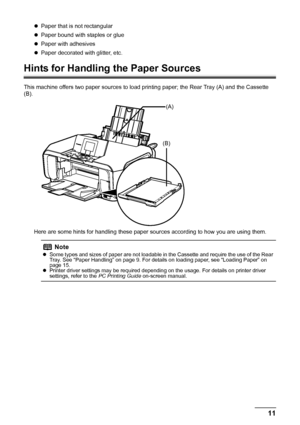 Page 1511
Before Using the Machine
z Paper that is not rectangular
z Paper bound with staples or glue
z Paper with adhesives
z Paper decorated with glitter, etc.
Hints for Handling the Paper Sources
This machine offers two paper sources to load printing paper; the Rear Tray (A) and the Cassette 
(B).
Here are some hints for handling these paper s ources according to how you are using them.
Note
zSome types and sizes of paper are not loadable in the Cassette and require the use of the Rear 
Tray. See “Paper...