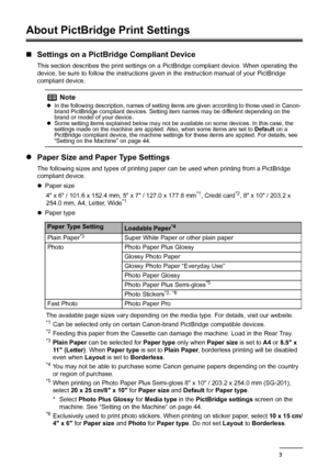 Page 4642Printing Photographs Directly from a PictBridge Compliant Device
About PictBridge Print Settings
„Settings on a PictBridge Compliant Device
This section describes the print settings on a  PictBridge compliant device. When operating the 
device, be sure to follow the instructions giv en in the instruction manual of your PictBridge 
compliant device.
z Paper Size and Paper Type Settings
The following sizes and types of printing paper  can be used when printing from a PictBridge 
compliant device.
z Paper...