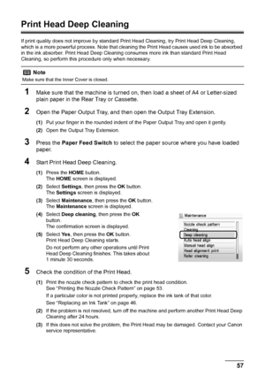 Page 6157
Routine Maintenance
Print Head Deep Cleaning
If print quality does not improve by standard  Print Head Cleaning, try Print Head Deep Cleaning, 
which is a more powerful process. Note that cl eaning the Print Head causes used ink to be absorbed 
in the ink absorber. Print Head Deep Cleaning consumes more ink than standard Print Head 
Cleaning, so perform this procedure only when necessary.
1Make sure that the machine is turned on, then load a sheet of A4 or Letter-sized 
plain paper in the Rear Tray or...