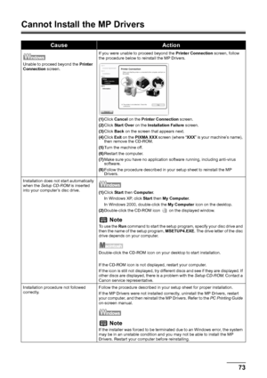 Page 7773 Troubleshooting
Cannot Install the MP Drivers
CauseAction
Unable to proceed beyond the Printer 
Connection screen.If you were unable to proceed beyond the Printer Connection screen, follow 
the procedure below to reinstall the MP Drivers.
(1)Click Cancel on the Printer Connection screen.
(2)Click Start Over on the Installation Failure screen.
(3)Click Back on the screen that appears next.
(4)Click Exit on the PIXMA XXX screen (where “XXX” is your machine’s name), 
then remove the CD-ROM.
(5)Turn the...