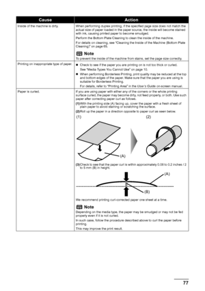 Page 8177
Troubleshooting
Inside of the machine is dirty. When performing duplex printing, if the specified page size does not match the 
actual size of paper loaded in the paper source, the inside will become stained 
with ink, causing printed paper to become smudged.
Perform the Bottom Plate Cleaning to clean the inside of the machine.
For details on cleaning, see “Cleaning the Inside of the Machine (Bottom Plate 
Cleaning)” on page 65.
NoteTo prevent the inside of the machine from stains, set the page size...