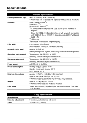 Page 9894Appendix
Specifications
General Specifications
Printing resolution (dpi)9600 (horizontal)* x 2400 (vertical)
* Ink droplets can be placed with a pitch of 1/9600 inch at minimum.
InterfaceUSB 2.0 High Speed
*1 /
IrDA Ver.1.2*2 /
Bluetooth 1.2 (Option)*2*3 /*1A computer that complies with USB 2.0 Hi-Speed standard is 
required.
Since the USB 2.0 Hi-Speed interface is fully upwardly compatible 
with USB Full-Speed (USB 1.1), it can be used at USB Full-Speed 
(USB 1.1). 
*2JPEG only*3Bluetooth connection...