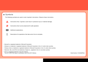 Page 2S y m b o l s
■
The following symbols are used to mark important instructions. Observe these instructions.
Instructions that, if ignored, could result in personal injury or material damage.
Instructions that must be observed for safe operation.
Additional explanations.
Descriptions for operations that take some time to complete.
Model Number: K10325(MP620)
Microsoft is a registered trademark of Microsoft Corporation.
Windows is a trademark or registered trademark of Microsoft Corporation \
in the U.S....
