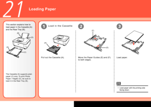 Page 58
(A)
(A)(B)
(C)
(D) (F)
(E)
123
21
This section explains how to 
load paper in the Cassette (A) 
and the Rear Tray (B).
The Cassette (A) supports plain 
paper (C) only. To print Photo 
Paper / Hagaki (D), be sure to 
load it in the Rear Tray (B).
L o a d   i n   t h e   C a s s e t t e
Move the Paper Guides (E) and (F) 
to both edges.
Pull out the Cassette (A).
Load paper.
Load paper with the printing side 
facing down.
•
Loading Paper
 