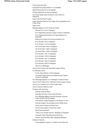 Page 118Printing Does Not Start
Copying/Printing Stops Before It Is Completed
Machine Moves But Ink Is Not Ejected
Printing Speed Not as Fast as Expected
Print Head Holder Does Not Move to the Position for
Replacing
Paper Does Not Feed Properly
Paper Does Not Feed from the Paper Source Specified in the
Printer Driver
Paper Jams
Message Appears on the Computer Screen
Service Error 5100 Is Displayed
Error Regarding Automatic Duplex Printing Is Displayed
Error Regarding Automatic Print Head Alignment Is
Displayed...