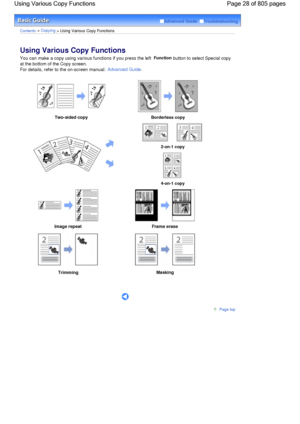 Page 28Advanced Guide  Troubleshooting
Contents > Copying > Using Various Copy Functions
Using Various Copy Functions 
You can make a copy using various functions if you press the left Function button to select Special copy
at the bottom of the Copy screen.
For details, refer to the on-screen manual: Advanced Guide.
Two-sided copyBorderless copy
2-on-1 copy
4-on-1 copy
Image repeat Frame erase
TrimmingMasking
      
Page top
Page 28 of 805 pages Using Various Copy Functions
 