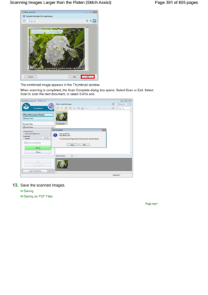 Page 391The combined image appears in the Thumbnail window.
When scanning is completed, the Scan Complete dialog box opens. Select Scan or Exit. Select
Scan to scan the next document, or select Exit to end.
13.Save the scanned images.
Saving
Saving as PDF Files
Page top
Page 391 of 805 pages Scanning Images Larger than the Platen (Stitch Assist)
 