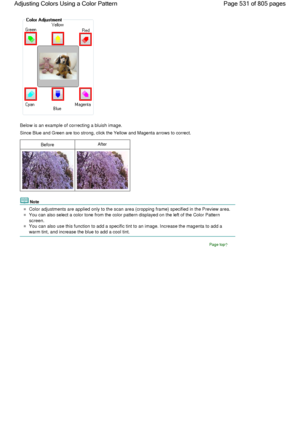 Page 531Below is an example of correcting a bluish image.
Since Blue and Green are too strong, click the Yellow and Magenta arrows to correct.
BeforeAfter
Note
Color adjustments are applied only to the scan area (cropping frame) specified in the Preview area.
You can also select a color tone from the color pattern displayed on the left of the Color Pattern
screen.
You can also use this function to add a specific tint to an image. Increase the magenta to add a
warm tint, and increase the blue to add a cool tint....