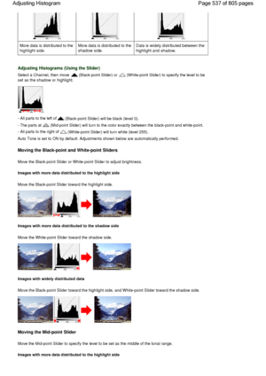 Page 537More data is distributed to the
highlight side.
More data is distributed to the
shadow side.
Data is widely distributed between the
highlight and shadow.
Adjusting Histograms (Using the Slider)
Select a Channel, then move  (Black-point Slider) or  (White-point Slider) to specify the level to be
set as the shadow or highlight.
- All parts to the left of  (Black-point Slider) will be black (level 0).
- The parts at  (Mid-point Slider) will turn to the color exactly between the black-point and white-point....