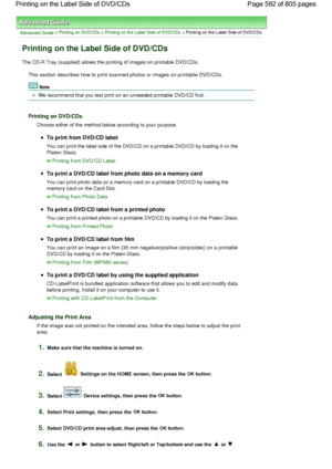 Page 592Advanced Guide > Printing on DVD/CDs > Printing on the Label Side of DVD/CDs > Printing on the Label Side of DVD/CDs
Printing on the Label Side of DVD/CDs
The CD-R Tray (supplied) allows the printing of images on printable DVD/CDs.
This section describes how to print scanned photos or images on printable DVD/CDs.
Note
We recommend that you test print on an unneeded printable DVD/CD first.
Printing on DVD/CDs
Choose either of the method below according to your purpose.
To print from DVD/CD label
You can...