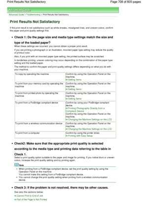 Page 708Advanced Guide > Troubleshooting > Print Results Not Satisfactory
Print Results Not Satisfactory
If the print result is not satisfactory such as white streaks, misaligned lines, and uneven colors, confirm
the paper and print quality settings first.
Check 1: Do the page size and media type settings match the size and
type of the loaded paper?
When these settings are incorrect, you cannot obtain a proper print result.
If you are printing a photograph or an illustration, incorrect paper type setting may...