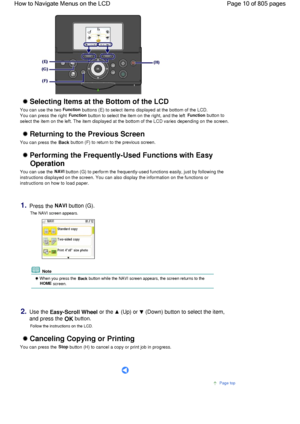 Page 10 Selecting Items at the Bottom of the LCD
You can use the two Function buttons (E) to select items displayed at the bottom of the LCD.
You can press the right 
Function button to select the item on the right, and the left Function button to
select the item on the left. The item displayed at the bottom of the LCD varies depending on the screen.
 Returning to the Previous Screen
You can press the Back button (F) to return to the previous screen.
 Performing the Frequently-Used Functions with Easy...