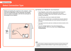 Page 220Network Connection
N o t e s   o n   N e t w o r k   C o n n e c t i o n
■
Before connecting the machine to the network, make 
sure that configuration of the computer and access 
point or router is complete, and that the computer is 
connected to the network.The configuration, router functions, setup procedures and security 
settings of the network device vary depending on your system 
environment. For details, refer to your device's instruction manual or 
contact its manufacturer.
•
In an...