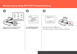 Page 281
A
32
B
Network Connection
Wireless Setup Using WPS (Wi-Fi Protected Setup)
Use the Easy-Scroll Wheel (A) to select 
Settings, then press the OK button.Select Wireless LAN setup, 
then press the OK button.Select Yes, then press the OK button.
When wireless connection is enabled, the 
Wi-Fi lamp (B) lights blue.
 