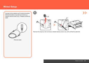 Page 311
B
A
Network Connection
Wired Setup
Remove the Cap (A), then connect a network device (router, etc.) with a Ethernet cable (B).
Ethernet cable
Connect to the network over a wired connection. 
A Ethernet cable is required to connect to a 
network device (router, etc.). Prepare a Ethernet 
cable.
 