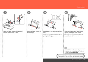 Page 51
87910
1
H
2
3
I
J
After Installing the Machine
Loading Paper
Open the Paper Support (H) and pull it 
straight up, then slant it back.
Move the Paper Guides (I) 
to both edges. Slide the left and right Paper Guides 
against both edges of the paper.
Load paper in portrait orientation with the 
printing side facing up.
For details on media sizes and types you 
can use, refer to "Loading Paper" in the on-
screen manual: 
Basic Guide.
•
Preparation for printing is now complete!
Make sure...