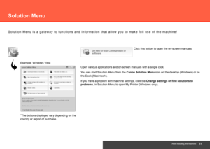 Page 53After Installing the Machine
S o l u t i o n   M e n u   i s   a   g a t e w a y   t o   f u n c t i o n s   a n d   i n f o r m a t i o n   t h a t   a l l o w   y o u   t o   m a k e   f u l l   u s e   o f   t h e   m a c h i n e !
Open various applications and on-screen manuals with a single click.
If you have a problem with machine settings, click the Change settings or find solutions to 
problems. in Solution Menu to open My Printer (Windows only).
Example: Windows Vista
You can start...