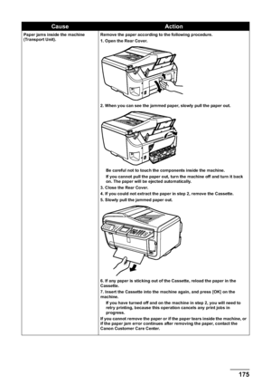 Page 177Chapter 11 175Troubleshooting
Paper jams inside the machine 
(Transport Unit).Remove the paper according to the following procedure.
1. Open the Rear Cover.
2. When you can see the jammed paper, slowly pull the paper out.
Be careful not to touch the components inside the machine.
If you cannot pull the paper out, turn the machine off and turn it back 
on. The paper will be ejected automatically.
3. Close the Rear Cover.
4. If you could not extract the paper in step 2, remove the Cassette.
5. Slowly pull...