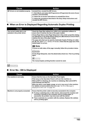 Page 195Chapter 11 193Troubleshooting
„When an Error is Displayed Regarding Automatic Duplex Printing
„Error No.: 300 is Displayed
MP Drivers is not installed properly. Uninstall then reinstall the MP Drivers.
1. Click [Start], and select [All Programs] (or [Programs]), the name of your 
machine, and [Uninstall].
2. Follow the on-screen instructions to uninstall the driver.
3. Follow the procedures described in the Easy Setup Instructions and 
reinstall the MP Drivers.
CauseAction
The correct media size is not...