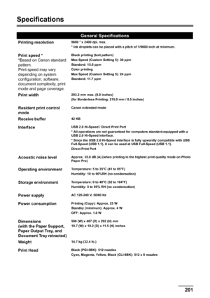 Page 203Chapter 12 201Appendix
Specifications
General Specifications
Printing resolution9600 * x 2400 dpi. max.
* Ink droplets can be placed with a pitch of 1/9600 inch at minimum.
Print speed *
*Based on Canon standard 
pattern.
Print speed may vary 
depending on system 
configuration, software, 
document complexity, print 
mode and page coverage.Black printing (text pattern)
Max Speed (Custom Setting 5): 30 ppm
Standard: 15.0 ppm
Color printing 
Max Speed (Custom Setting 5): 24 ppm
Standard: 11.7 ppm
Print...